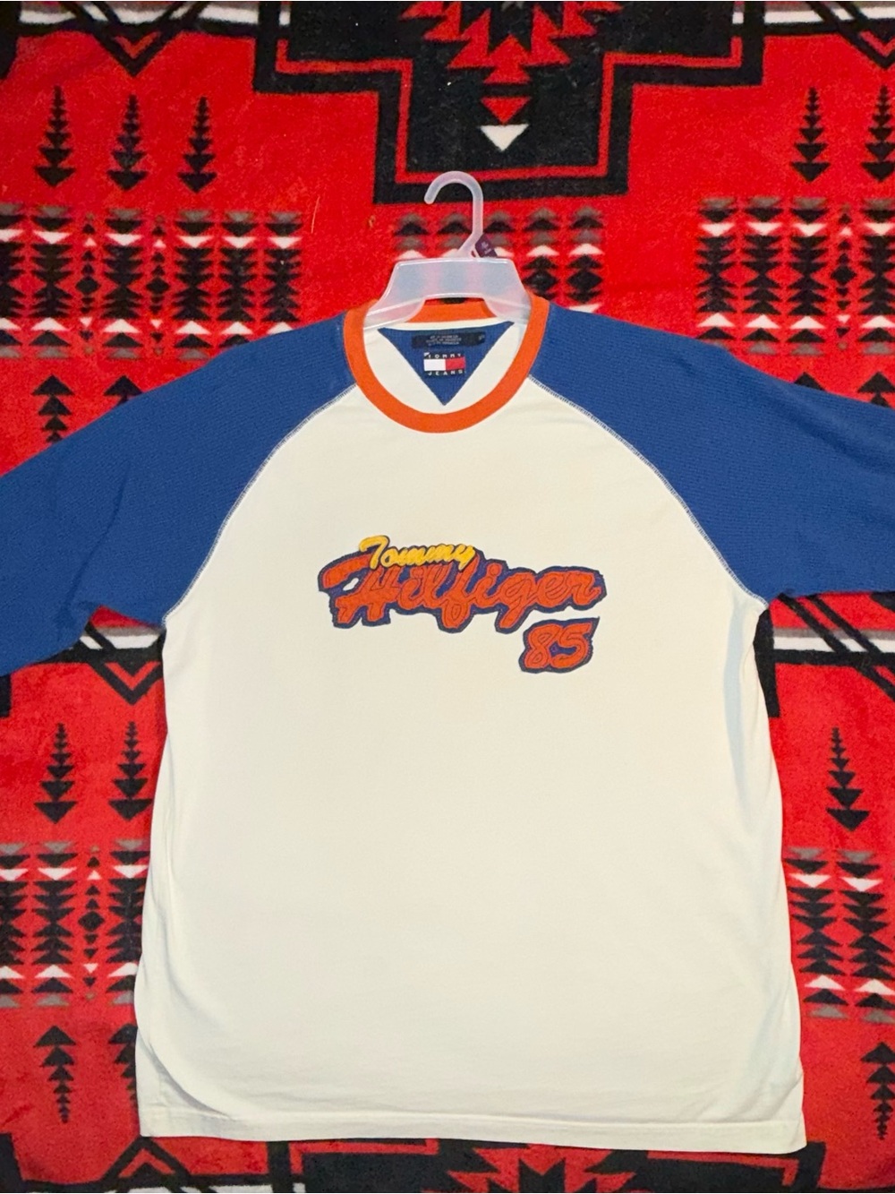 Tommy Hilfiger White, Blue & Orange Raglan Crewneck Sweater